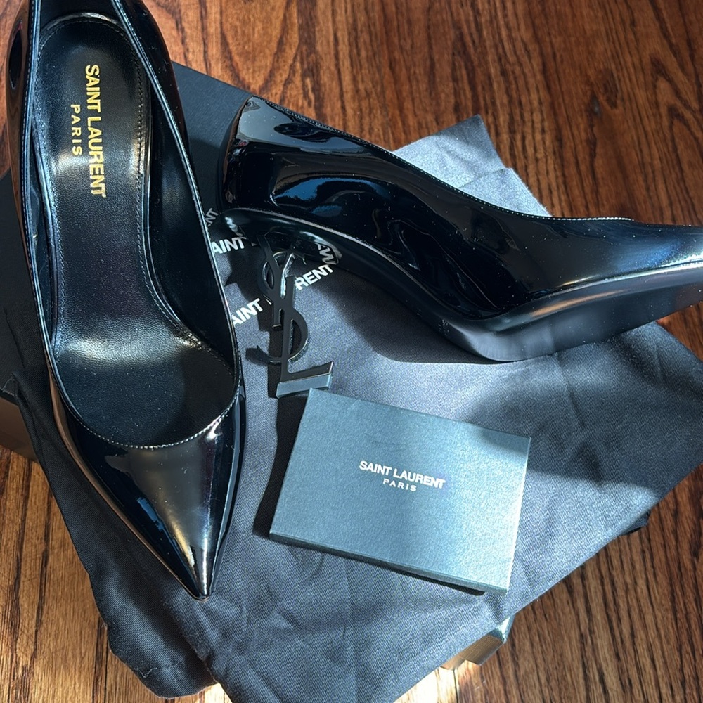 Saint Laurent Opyum Pumps in Black Patent Leather Logo Heel Pointed Toe NWT 37 - Picture 6 of 13